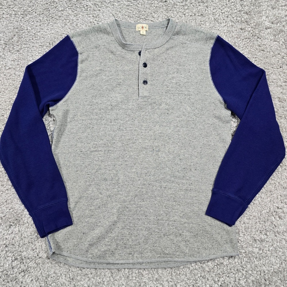 J.Crew Henley Shirt Mens Medium Grey Navy Blue Waffle Knit Raglan Minimalist